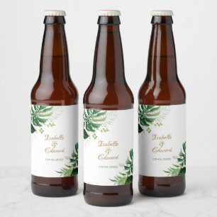 Étiquette Pour Bouteilles De Bière Feuilles de Monstera vertes et dorées tropicales