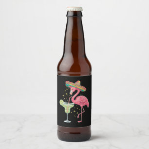 Étiquette Pour Bouteilles De Bière Flamant qui boit une Margarita Drôle de Poncho Mex