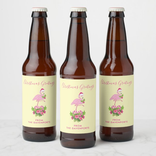 Étiquette Pour Bouteilles De Bière Flamant rose rose à Santa Hat Noël Whimsical (Bouteilles)