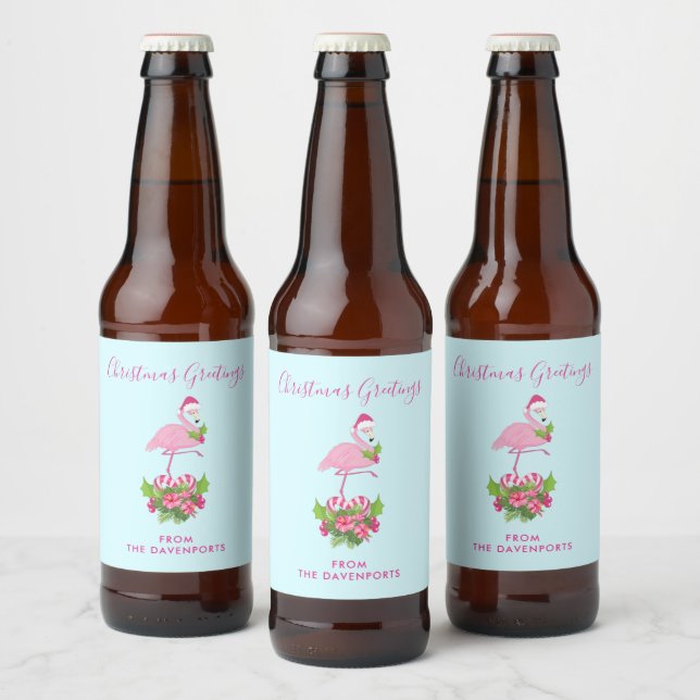 Étiquette Pour Bouteilles De Bière Flamant rose rose à Santa Hat Noël Whimsical (Bouteilles)