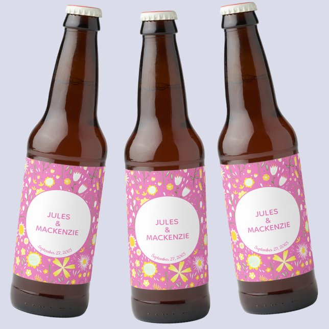 Étiquette Pour Bouteilles De Bière Fleur sauvage rose botanique Mariage à motifs flor (Pink floral wedding personalized beer bottle labels)