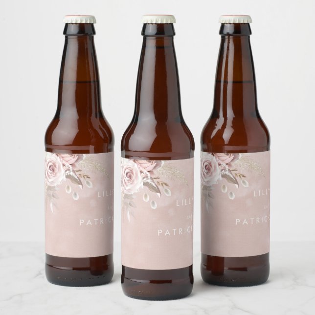 Étiquette Pour Bouteilles De Bière Fleurs de Rose Poussiéreuse Aquarelle Fiançailles  (Bouteilles)
