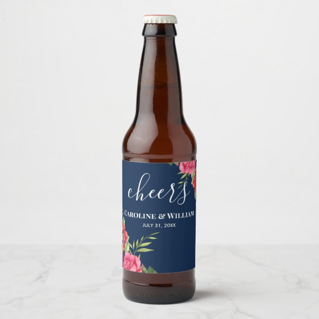 Étiquette Pour Bouteilles De Bière Fleurs mariages rouges et roses bleu foncé marine (Devant)