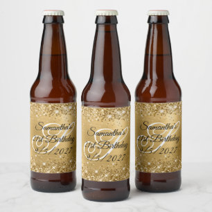 Étiquette Pour Bouteilles De Bière Glittery Gold Glam Monogramme 21e anniversaire