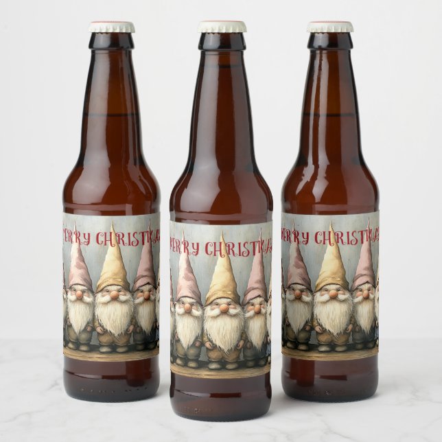 Étiquette Pour Bouteilles De Bière Gnomes de Noël Chapeaux Pointus Barbe Longue (Bouteilles)