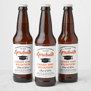 Étiquette Pour Bouteilles De Bière Graduation Party Moderne Orange Blanc et Noir