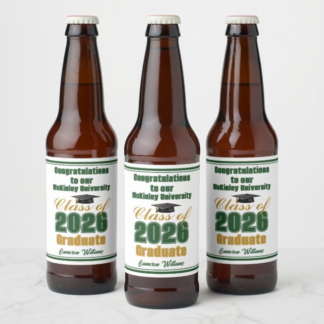 Étiquette Pour Bouteilles De Bière Green Gold Class of 2026 Custom Graduation Party (Bouteilles)