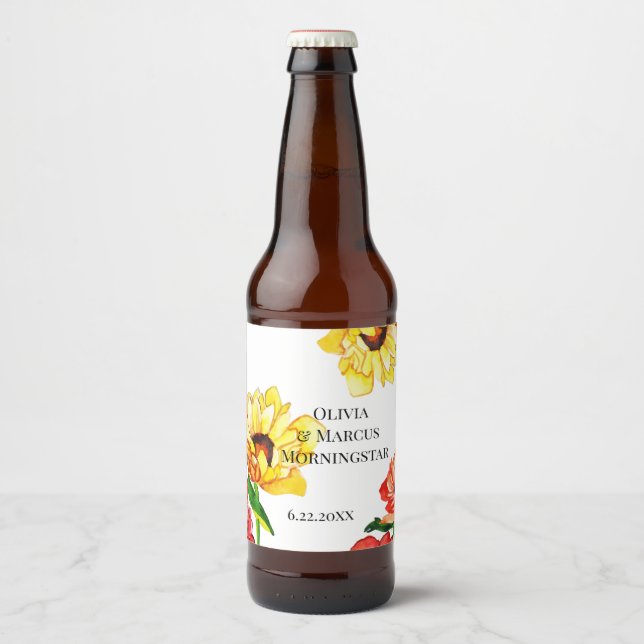 Étiquette Pour Bouteilles De Bière Guaisées modernes de Gerbera rouge et jaune (Devant)