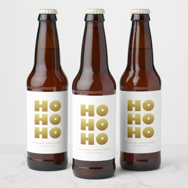 Étiquette Pour Bouteilles De Bière Ho Ho Ho | Simple Noël blanc & or (Bouteilles)