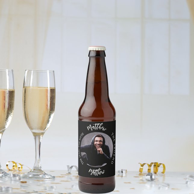 Étiquette Pour Bouteilles De Bière Homme mythe légende photo nom noir blanc (Créateur téléchargé)