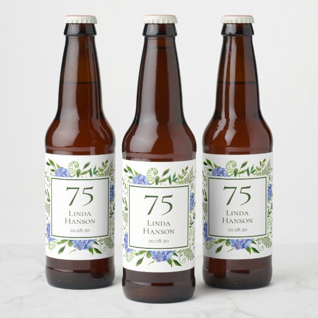 Étiquette Pour Bouteilles De Bière Hydrangeas Bleus pour les 75 ans (Bouteilles)