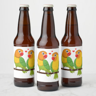 Étiquette Pour Bouteilles De Bière Inséparables Jaune Vert Oiseaux d'Amour Mariage