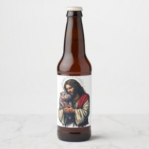 Étiquette Pour Bouteilles De Bière Jésus tenant un bébé Moo Deng Hippo