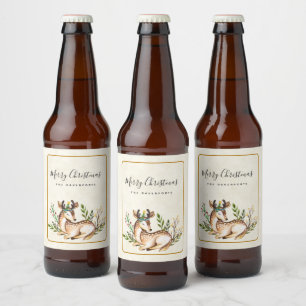 Étiquette Pour Bouteilles De Bière Joli Cerf Aquarellé Pose En Bas Boho Noël