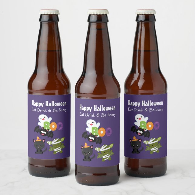 Étiquette Pour Bouteilles De Bière Joli Halloween Chat, chauve-souris, maman et fantô (Bouteilles)