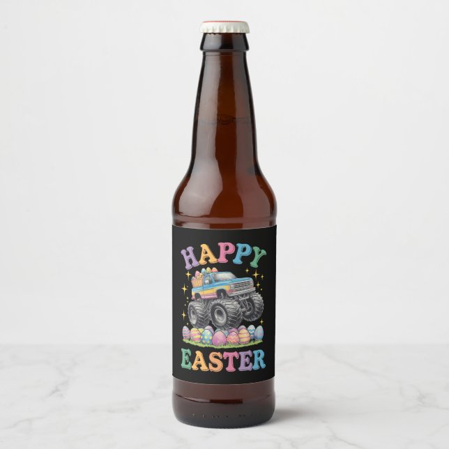 Étiquette Pour Bouteilles De Bière Joyeuses Pâques Drôle de Monster Truck Écrase des  (Devant)