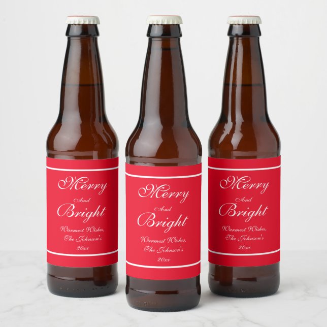 Étiquette Pour Bouteilles De Bière Joyeux Et Lumineux Script Rustique Noël Rouge (Bouteilles)