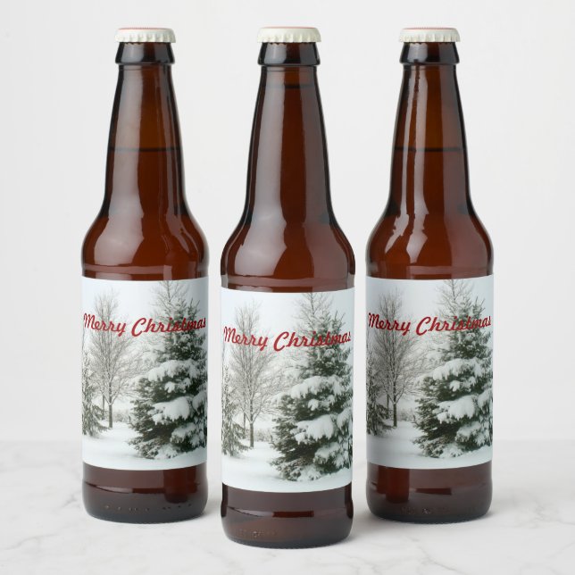 Étiquette Pour Bouteilles De Bière Joyeux Noël, sapins enneigés (Bouteilles)