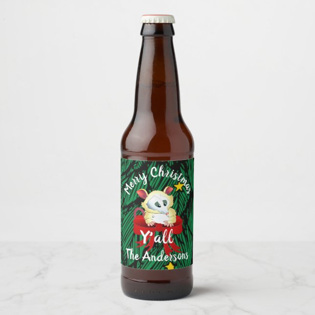 Étiquette Pour Bouteilles De Bière Joyeux Noël Ya'll avec Possum (Devant)