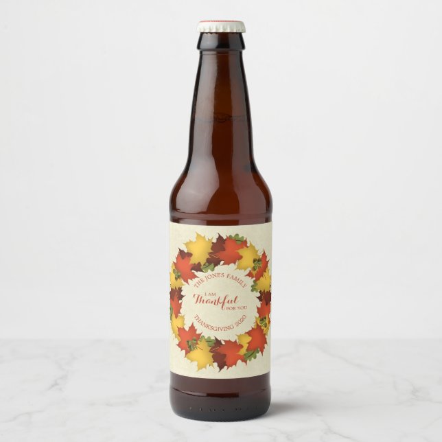 Étiquette Pour Bouteilles De Bière L'automne quitte Thanksgiving Wreath (Devant)