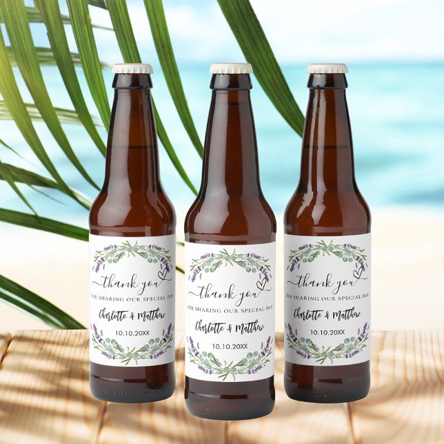 Étiquette Pour Bouteilles De Bière Lavender eucalyptus mariage merci (Créateur téléchargé)