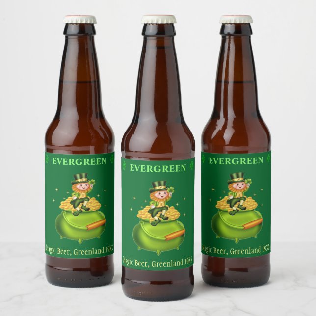 Étiquette Pour Bouteilles De Bière Leprechaun magique & pot d'or sur vert (Bouteilles)
