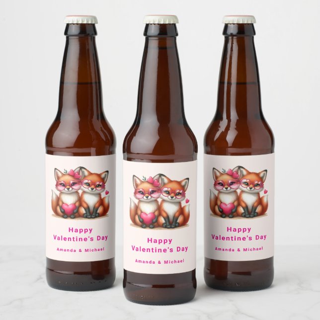 Étiquette Pour Bouteilles De Bière Les mignons renards orange en amour Saint-Valentin (Bouteilles)