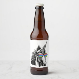 Étiquette Pour Bouteilles De Bière licorne cool avec lunettes de soleil arc-en-ciel