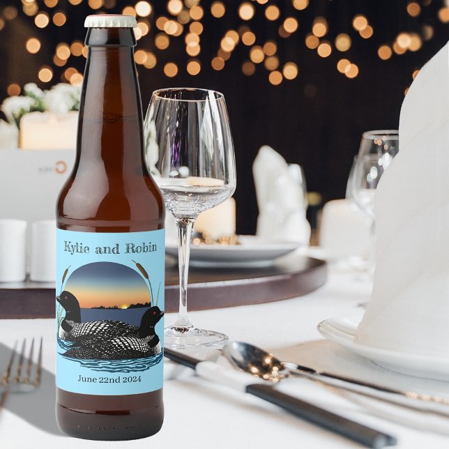 Étiquette Pour Bouteilles De Bière Loons Sunset Mariage bleu (Créateur téléchargé)