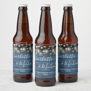 Étiquette Pour Bouteilles De Bière Lumières Guirlandes Rustique Bleu Bois Écriture Ma