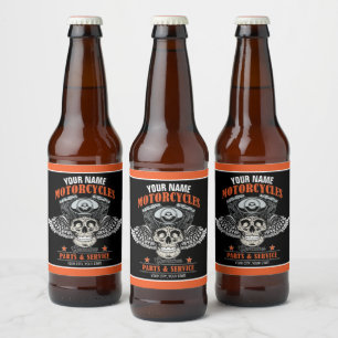 Étiquette Pour Bouteilles De Bière Magasin de moto de crâne volant de motard personna