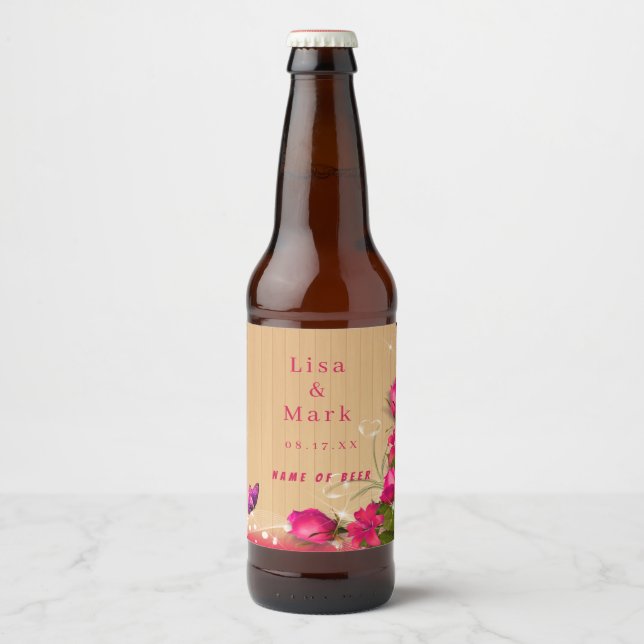 Étiquette Pour Bouteilles De Bière Mariage à papillon rose bois rustique (Devant)