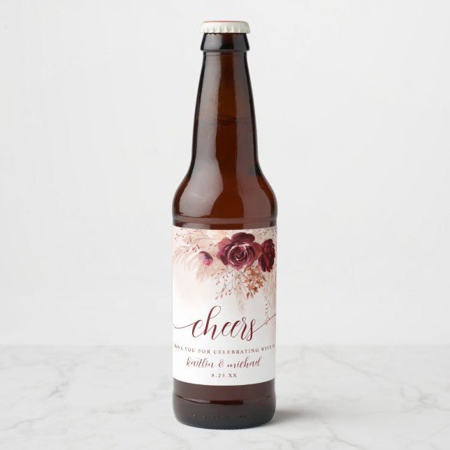 Étiquette Pour Bouteilles De Bière Mariage Boho Pampas Mariage en herbe Bourgogne (Devant)