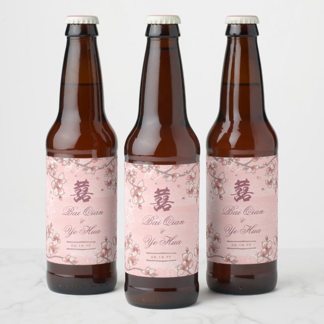Étiquette Pour Bouteilles De Bière Mariage chinois à deux fleurs de pêche (Bouteilles)