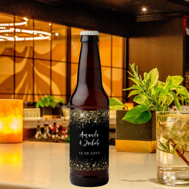 Étiquette Pour Bouteilles De Bière Mariage de parties scintillant en or noir (Créateur téléchargé)