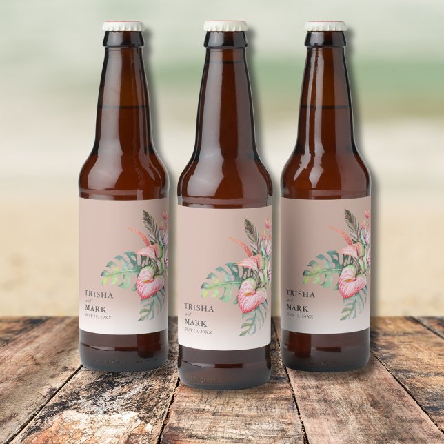 Étiquette Pour Bouteilles De Bière Mariage de plage de fleurs tropicales (Tropical Flower Beach Wedding Beer Bottle Label)
