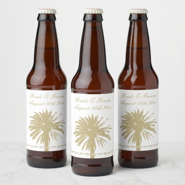 Étiquette Pour Bouteilles De Bière Mariage de plage riche silhouette de palmier beige (Bouteilles)