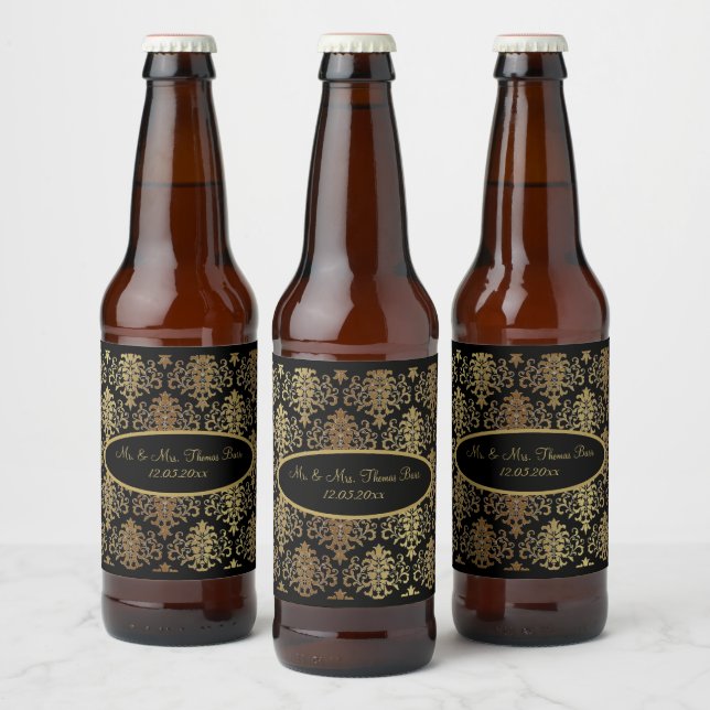Étiquette Pour Bouteilles De Bière Mariage de script noir Gold Damask (Bouteilles)
