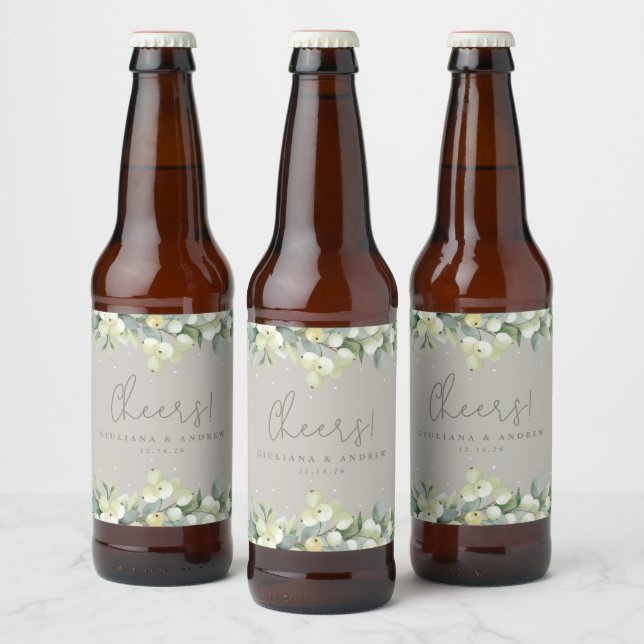 Étiquette Pour Bouteilles De Bière Mariage d'hiver Greige Snowberry+Eucalyptus (Bouteilles)