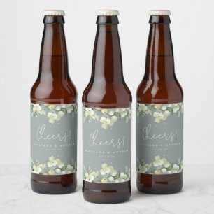 Étiquette Pour Bouteilles De Bière Mariage d'hiver Seafoam Green Snowberry+Eucalyptus