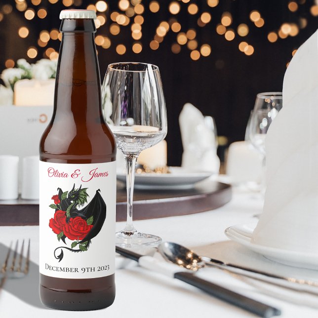 Étiquette Pour Bouteilles De Bière Mariage d'Imaginaire Black Dragon Red Roses (Créateur téléchargé)