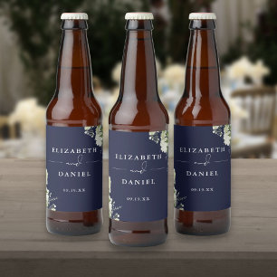 Étiquette Pour Bouteilles De Bière Mariage Élégant Bleu Marine Floral Végétal