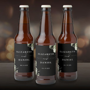 Étiquette Pour Bouteilles De Bière Mariage Élégant Floral en Noir et Blanc avec Feuil