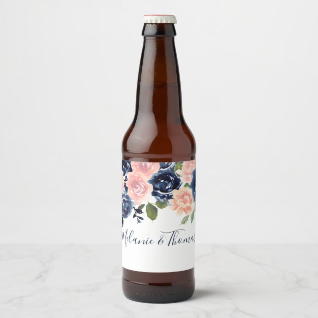 Étiquette Pour Bouteilles De Bière Mariage Fiançailles Fleurs Roses & Navy (Devant)