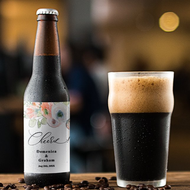 Étiquette Pour Bouteilles De Bière Mariage floral romantique de corail (Créateur téléchargé)
