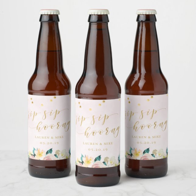 Étiquette Pour Bouteilles De Bière Mariage Floral Rose Rustique Sip Sip Hooray (Bouteilles)