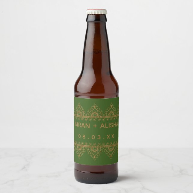 Étiquette Pour Bouteilles De Bière Mariage indien Gold Henna Paisley Green (Devant)