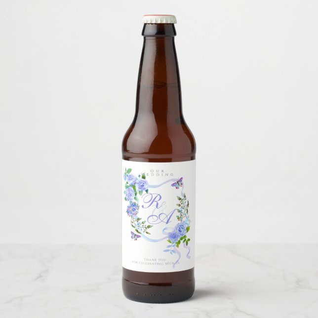 Étiquette Pour Bouteilles De Bière Mariage Monogramme Ruban Bleu  (Devant)