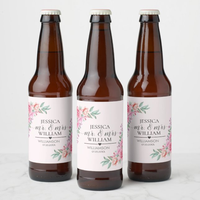 Étiquette Pour Bouteilles De Bière Mariage rose floral (Bouteilles)