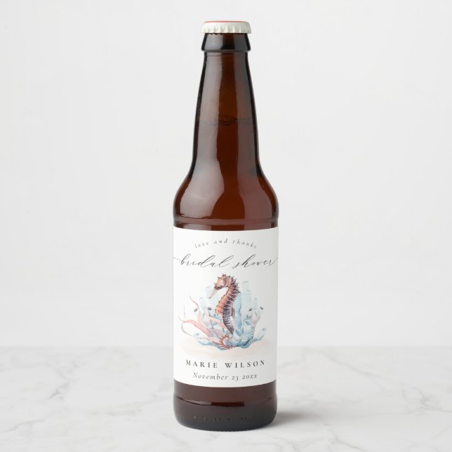 Étiquette Pour Bouteilles De Bière Mariage sous-marin Hippocampe Algue Corail (Devant)